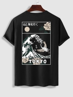 T-shirt Style Oriental à Imprimé Vague de Mer et Lettre TOKYO à Manches Courtes S Noir