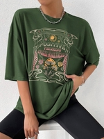 T-shirt Surdimensionné à Imprimé Lettre Graphique Fleuri et Soleil à Manches Courtes S Vert