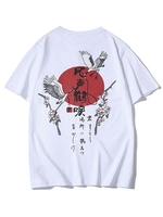 T-shirt Vintage Graphique à Imprimé Grue Fleuri et Idiomes Chinois Xs Blanc