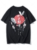 T-shirt Vintage Graphique à Imprimé Grue Fleuri et Idiomes Chinois Xs Noir