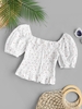 Top à Imprimé Fleuri à Manches Bouffantes à Volants S Blanc