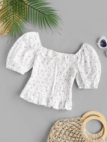 Top à Imprimé Fleuri à Manches Bouffantes à Volants S Blanc