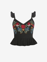 Top Court Péplum à Volants et Broderie Florale M Noir