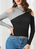 Tricot Ajusté Bicolore à Epaule Dénudée à Col Montant Taille unique Noir