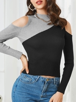 Tricot Ajusté Bicolore à Epaule Dénudée à Col Montant Taille unique Noir