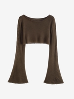 Tricot Court Semi-Transparent à Manches Evasées en Maille L Café profond