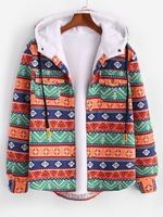 Veste à Capuche à Imprimé Ethnique Aztèque Motif Tribal en Peluche Doublée Duveteuse L Orange foncé