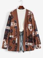 Veste à Capuche avec Double Poches et Boutons à Imprimé Aztèque Style Ethnique M Café