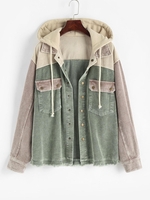 Veste à Capuche Effrangée en Blocs de Couleurs en Velours Côtelé avec Poche L Vert