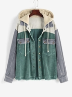 Veste à Capuche Effrangée en Blocs de Couleurs en Velours Côtelé avec Poche L Vert profond