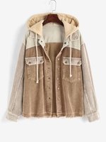 Veste à Capuche Effrangée en Blocs de Couleurs en Velours Côtelé avec Poche M Café lumière