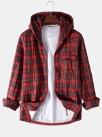 Veste à Capuche Motif à Carreaux avec Poche en Laine S Rouge