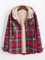 Veste à Capuche Vintage à Carreaux avec Poche en Peluche Duveteuse M Rouge