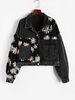 Veste à Goutte Epaule Motif de Fleur en Velours Côtelé Inséré en Tissu Duveteux S Noir