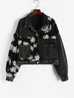 Veste à Goutte Epaule Motif de Fleur en Velours Côtelé Inséré en Tissu Duveteux S Noir