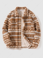Veste à Imprimé Ethnique Tribal Géométrique Fourrée en Tisssu Duveteux S Brun