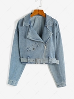 Veste Ceinturée à Goutte Epaule en Denim L Bleu