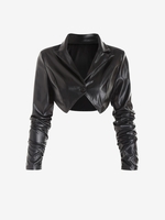 Veste Court à Manchette Plissée en PU L Noir