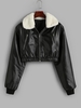 Veste Courte à Col Fourré en PU L Noir