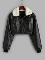 Veste Courte à Col Fourré en PU L Noir