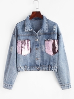 Veste Courte Déchirée avec Poche à Paillettes en Denim S Bleu