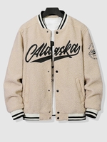 Veste de Base-ball en Tissu Duveteux Lettre Graphique ALASKA Brodée en Fausse Sherpa Style Blokecore L Beige