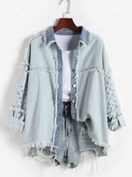 Veste Effrangée à Goutte Epaule en Denim à Paillettes L Bleu clair