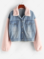 Veste Effrangée Panneau en Fausse Fourrue en Denim L Bleu gris