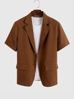 Veste en Couleur Unie Manches Courtes à Col Revers Xxl Café profond
