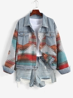 Veste en Jean à Épaules Tombantes Motif Aztèque Ethnique S Bleu