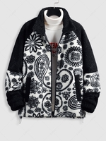 Veste Fourrée à Imprimé Fleurie en Blocs de Couleurs Manches Raglan en Fausse Laine en Tissu Duveteux L Noir