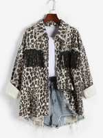 Veste Haute Basse à Imprimé Léopard avec Strass à Franges en Denim S Multi a
