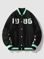 Veste Universitaire de Base-ball Lettre Gaufrée à Ourlet Rayé Esthétique Y2K L Noir