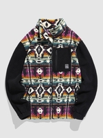 Veste Zippée à Imprimé Ethnique Aztèque en Fausse Blocs de Couleurs en Velours D