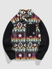 Veste Zippée à Imprimé Ethnique Aztèque en Fausse Blocs de Couleurs en Velours D