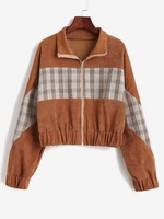 Veste Zippée Panneau à Carreaux en Velours Côtelé M Café