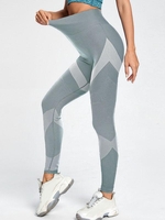 Women Sports Legging de Sport à Taille Large Géométrique Motif en Blocs de Couleurs L Gris clair