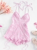 ZAFUL Barboteuse Epaule Nouée à Bretelle en Vichy M Rose léger