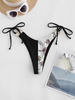ZAFUL Bas de Bikini Côtelé à Imprimé Fleur Anneau en O M Noir