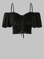 ZAFUL Blouse à Epaule Dénudée à Manches Bouffantes à Volants M Noir