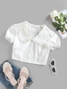 ZAFUL Blouse Courte Chinée à Manches Bouffantes à Col Montant à Volants S Blanc
