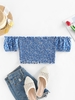 ZAFUL Blouse Courte Imprimée Fleurie à Epaule Dénudée à Volants S Bleu