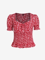 ZAFUL Blouse Fleurie Imprimée Plissée Détaillée à Manches Bouffantes de Grande Taille Xl Rouge