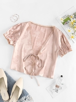 ZAFUL Blouse Plissée Fleur Nouée en Avant en Dentelle Insérée en Jacquard Xl Rose clair