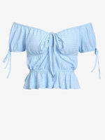 ZAFUL Blouse Péplum Epaule Dénudée à Manches Bouffantes à Ourlet Noué L Bleu clair