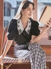 ZAFUL Blouse Rétro Brodée Manches Bouffantes à Col Plat S Noir