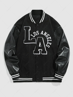 ZAFUL Blouson Universitaire de Baseball Brodée Citron en Cuir PU Lettre LOS ANGELES M Noir