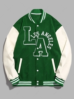 ZAFUL Blouson Universitaire de Baseball Brodée Citron en Cuir PU Lettre LOS ANGELES M Vert profond