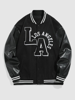 ZAFUL Blouson Universitaire de Baseball Brodée Citron en Cuir PU Lettre LOS ANGELES S Noir