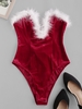 ZAFUL Body Bandeau en Fausse Plume à Lacets en Velours à Armature en V L Rouge